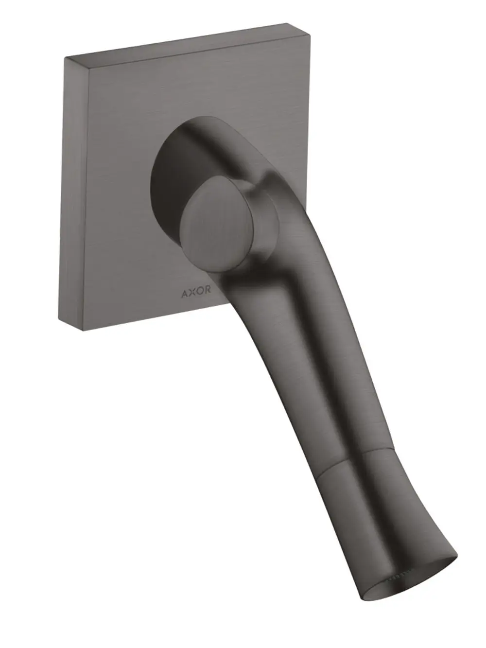 Waschtischmischer von AXOR in gebürstetem Schwarzchrom, wandmontiert mit einem geschwungenen Auslauf. Unterputzdesign mit klaren Linien und minimalistischem Stil.